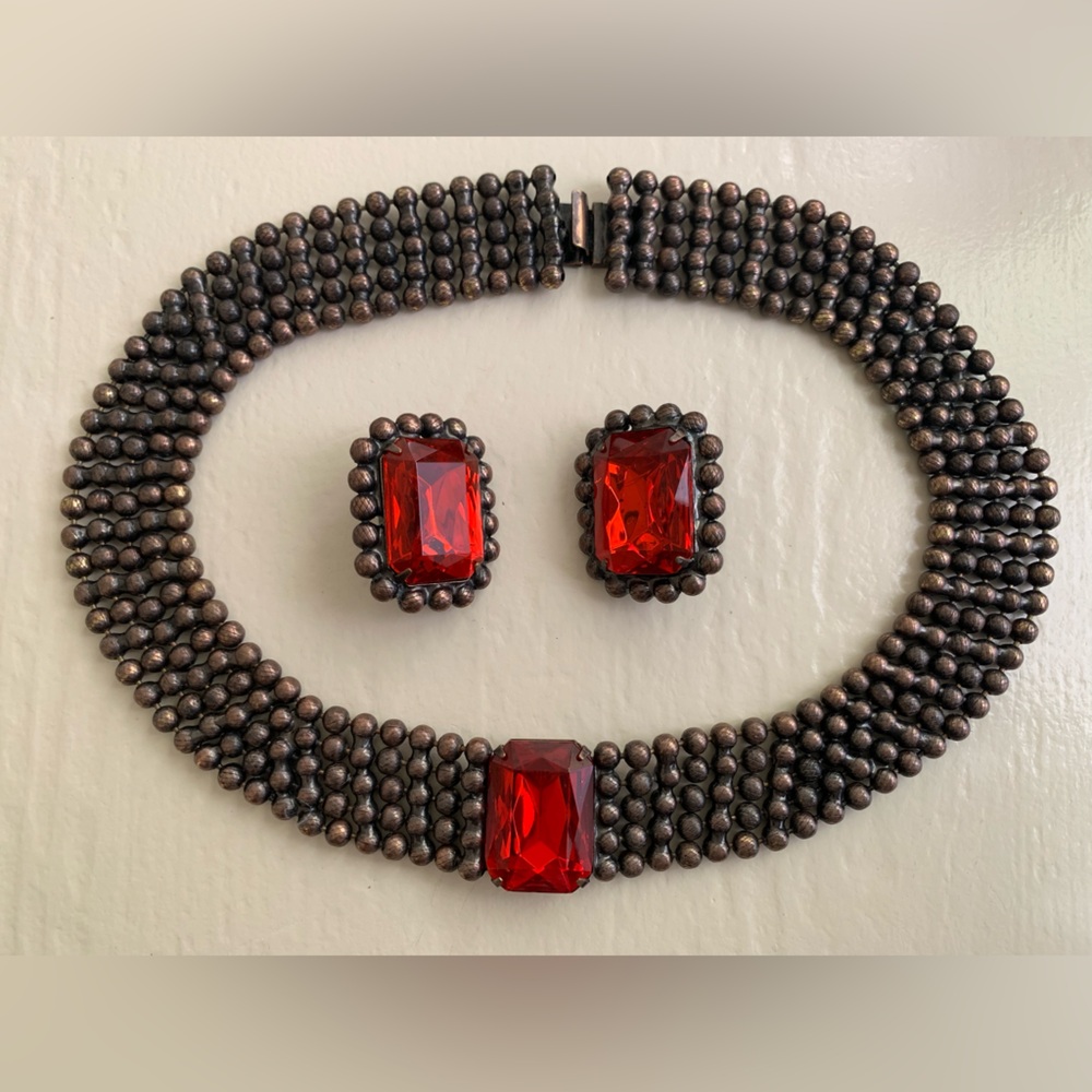 Vintage• Bold Red Faux Rubies Necklace and Clip-On Earrings